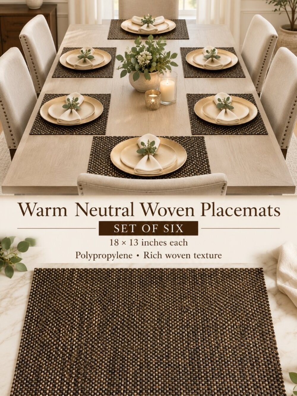 Warm Neutral Woven Placemats — Set of Seven
